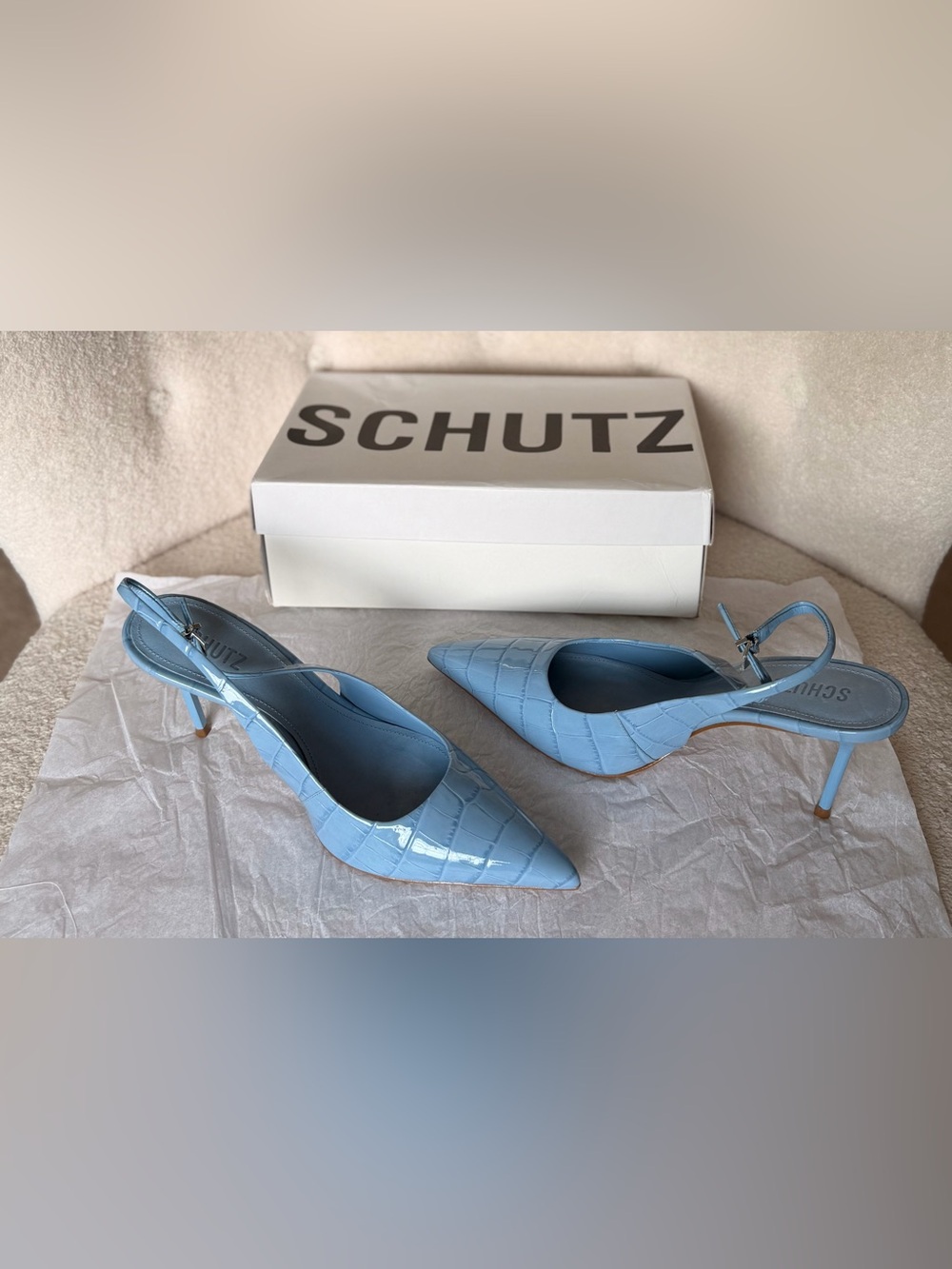 Schutz Light Blue Croc-Embossed Slingback Pointed Heels - Picture 3 of 5